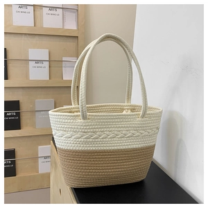 Fashion woven fabric shoulder bag with dual-tone beige and khaki design for summer
