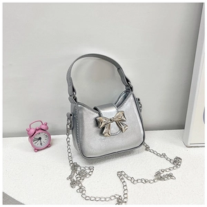 Silver metallic PU handbag with 3D metal bow buckle and detachable chain strap