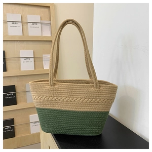 Fashionable woven tote bag in khaki and green with braided texture and long straps