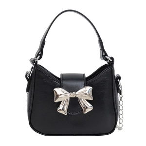 Minimalist black PU leather handbag with metallic silver bow decoration and chain strap