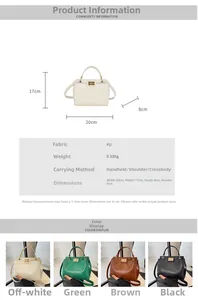 Detailed size chart and multi-color view of women's compact PU leather crossbody bag
