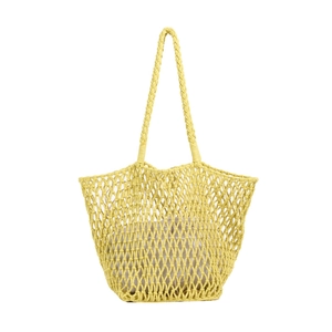 Yellow hand-woven hollow mesh tote bag with beige canvas liner and braided shoulder straps