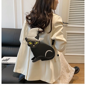 Detail of creative black cat shaped PU crossbody bag with wizard hat for women