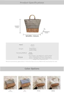 Detailed size chart for straw and linen tote bag with square and round bottom options