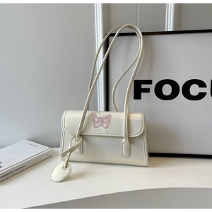 Women Butterfly Embroidery PU Leather Shoulder Bag Minimalist Underarm Handbag With Heart Charm Versatile Daily Trendy Bag