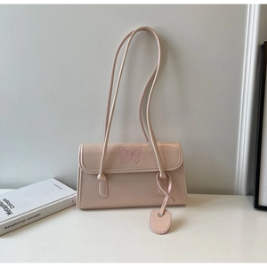 Minimalist light pink PU baguette handbag with delicate butterfly embroidery and dual straps