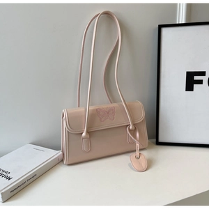 Minimalist light pink PU leather shoulder bag with elegant butterfly embroidery