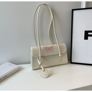 Chic cream white PU leather underarm bag featuring pink butterfly embroidery and slim straps