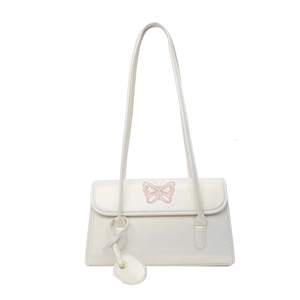 Minimalist white rectangular PU leather flap shoulder bag featuring pink butterfly embroidery