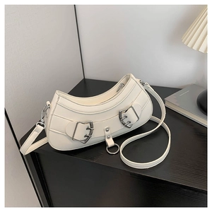 Women Crescent Shoulder Bag PU Leather Retro Punk Metal Buckles Underarm Bag Fashion Crossbody Purse For Daily Casual Wear
