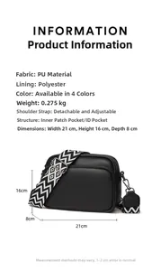 Detailed specifications of the black PU leather crossbody bag with striped strap dimensions
