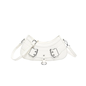 White minimalist PU leather saddle bag with silver buckles and punk metal ring charms