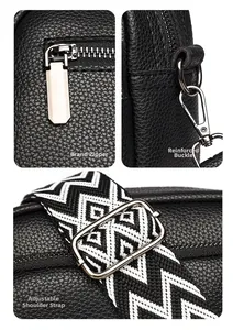 Detail of silver hardware, litchi leather texture, and geometric woven shoulder strap