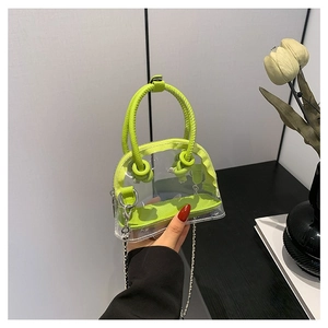 Mini sac à main transparent avec bordure vert fluo, poignée tissée et chaîne argentée