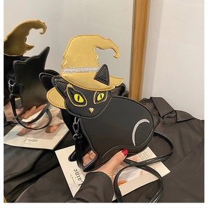 Halloween Black Cat PU Leather Crossbody Bag Novelty Witch Hat Zipper Single Strap Decorative Messenger Shoulder Purse For Women
