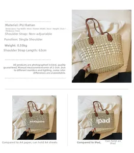 Détails du sac cabas en paille et PU avec dimensions et test de capacité A4