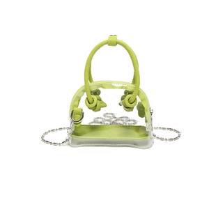 Mini sac à bandoulière transparent en cuir PU vert citron avec chaîne à perles argentée