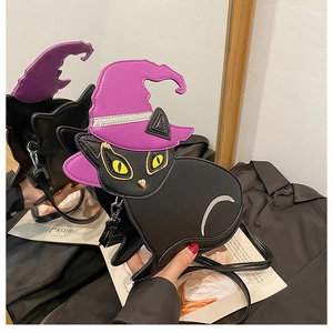 Halloween cat-shaped black PU crossbody bag featuring a purple wizard hat and yellow eyes