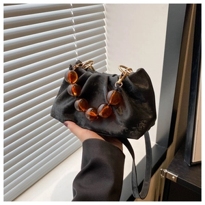 Women Ruched Cloud Bag With Large Resin Bead Handle Elegant Pleated Crossbody Bag PU Leather Shoulder Bag Evening Clutch