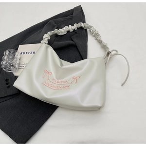 Fashion PU Leather Shoulder Bag For Women Ruffled Cloud Handle Large Capacity Hobo Tote Bag With Bow Embroidery Urban Simple Handbag