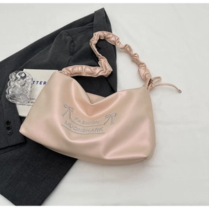 Pink PU leather shoulder bag with blue embroidery and bow details, 2024 spring style