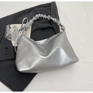 Metallic silver PU leather half-moon shoulder bag with pleated handle and sleek design