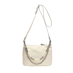 Borsa a tracolla minimalista in pelle PU bianco crema con perle decorative e catene