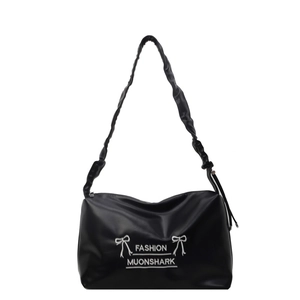 Minimalist black PU leather shoulder bag with ruffled strap and fashion embroidery