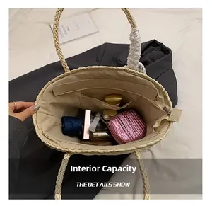 Macro view showing large capacity straw tote bag interior with lace handle details