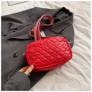 Trendy red quilted PU leather crossbody bag with patterned wide strap and silver zipper