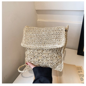 Handwoven Straw Shoulder Crossbody Bag For Women Bohemian Vacation Shell Texture Flap Handbag With Tassel Wood Bead