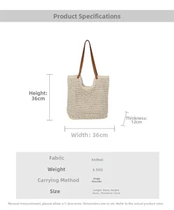 Size guide for knit shoulder bag showing dimensions 36x36x12cm with material details