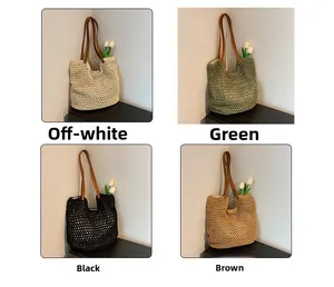 Detail view of knitted tote bags in off-white, green, black and brown with leather straps