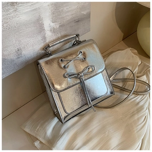 Women Fashion PU Leather Backpack Bow Lace Up Square Shoulder Bag Minimalist Small Handbag For Daily Use Silver Black