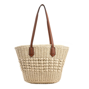Sac fourre-tout en paille tissé à la main avec poignées en cuir marron pour l'été