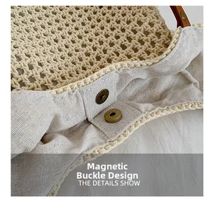 Detailed close-up showing the magnetic buckle closure and woven knit texture of the bag