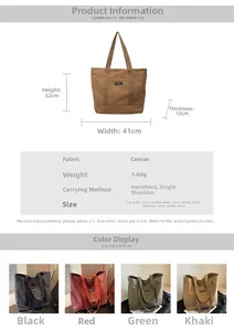 Detailed size chart and multi-color view of a large capacity canvas tote bag for daily use