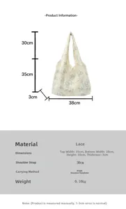 Detailed size chart for lace tote bag with blue butterfly pattern and shoulder strap measurements