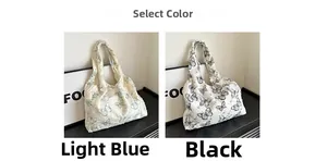 Detail of floral butterfly pattern tote bags in light blue and black jacquard fabric