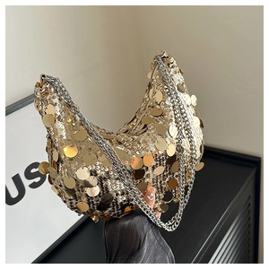 Fashionable gold sequin crescent moon handbag with silver metal double chain straps