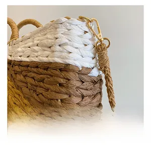 Close-up of light gold metal hooks and tight triple-color woven texture on the bag