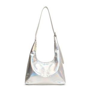 Elegante borsa hobo a mezzaluna in pelle PU argento olografico con scritte a rilievo
