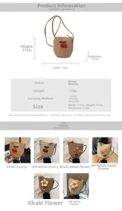 Detail view showing handmade straw bucket bag texture with 3D cherry and floral ornaments