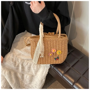 Détail d'un sac en paille tissée avec des tournesols en tricot 3D et ruban en dentelle