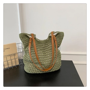 Women Fashion Knitting Hollow Out Tote Bag Large Capacity Shoulder Bag With Leather Strap Minimalist Casual Vacation Bag