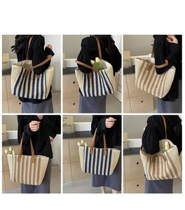 Detailed views of a large striped straw tote bag with brown leather handles and rivets