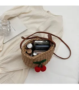 Top view of woven bucket bag interior showing spacious room for phone and wallet
