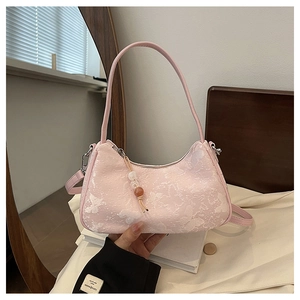Women Butterfly Floral Jacquard Shoulder Bag Minimalist Hobo Underarm Bag With Bead Pendant Crossbody Handbag