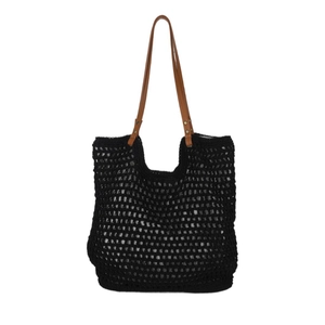 Fashionable black knitted hollow-out tote bag with elegant brown faux leather handles