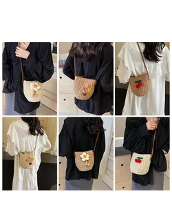 Detailed views of handmade woven bucket bags with 3D floral and cherry accents on a model